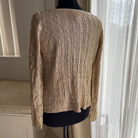 Oscar De La Renta Tan Cable Knit Sweater Pullover Metallic Gold M - Picture 2 of 7